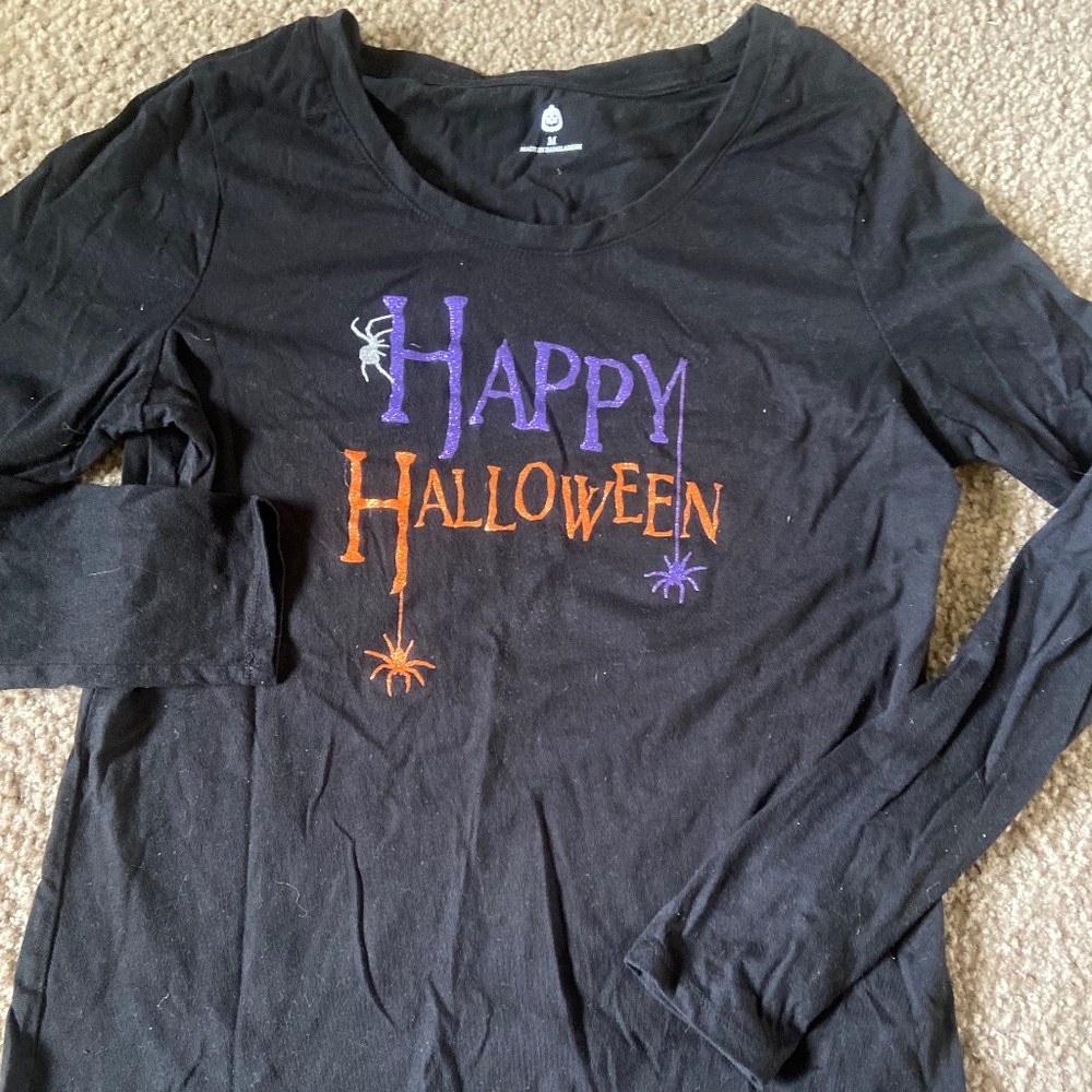 Black shirt with glittery ‘Happy Halloween’ & hanging spider